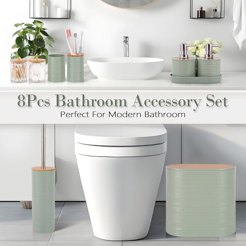 Bathroom Accessory Set,10 PCS LightGreen Bathroom Set with Trash Can,Toothbrush Holder,Soap Dispenser,Toothbrush Cup,Vanity Tray,Soap Dish,Toilet Brush,Qtip Holders - color: Lightgreen