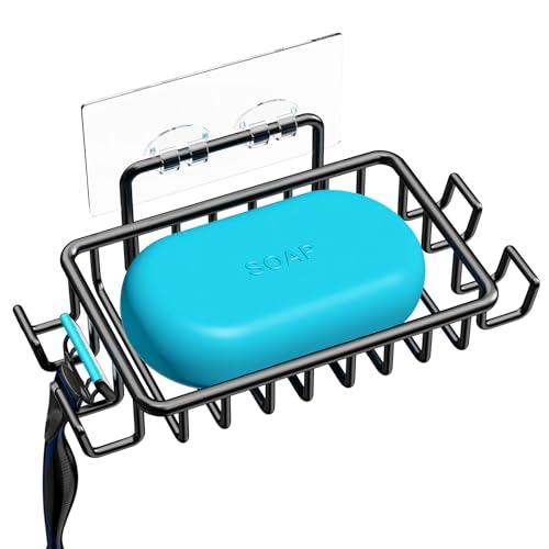 Nieifi Soap Dish Holder with 4 Hooks Stainless Steel Black Adhesive for Shower, Bathroom - color: Black, size: 1 Pack