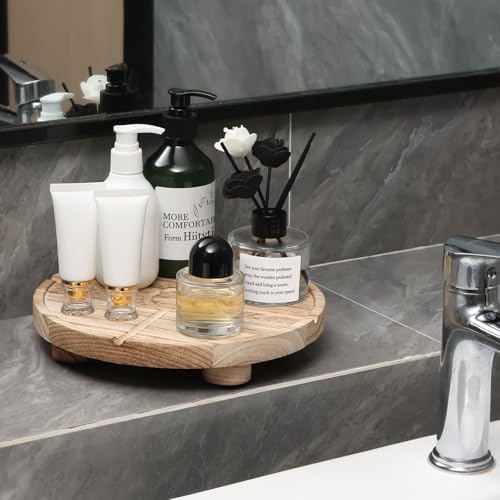 10'' Round Wooden Tray Pedestal Stand, Farmhouse Bathroom Decor Riser for Soap Dispenser, Perfume, Candle, 10'', Light Brown - color: 10''-light Brown