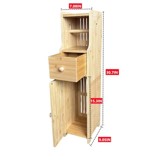 Bamboo Free Standing Toilet Paper Holder with Storage Drawer & Shelf, Slim Narrow Cabinet for Small Bathroom, Wipes Storage(Natural)