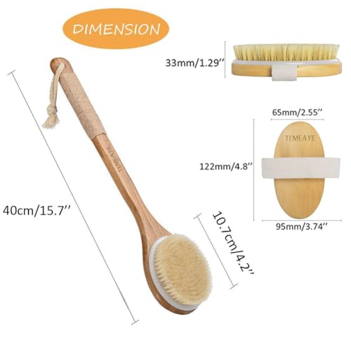 TEMEAYE Dry Brushing Body Brush, Wooden Handle, Natural Bristles, 2Pcs-Set | Medium Strength Body Scrub Brush, Gentle Exfoliator, Cellulite Reduction, Enhances Blood Circulation, Reveals Glowing Skin