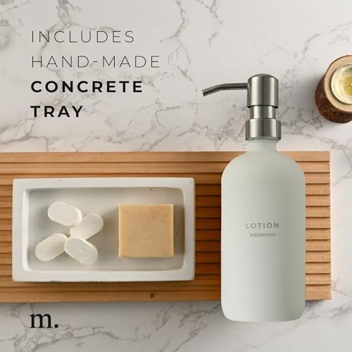 MaisoNovo Soap and Lotion Dispenser Set - Bathroom Soap Dispenser Set with White Soap Dispenser, Silver Pumps & Concrete Tray - color: White Bottles/ Silver Pumps/ White Concrete Tray