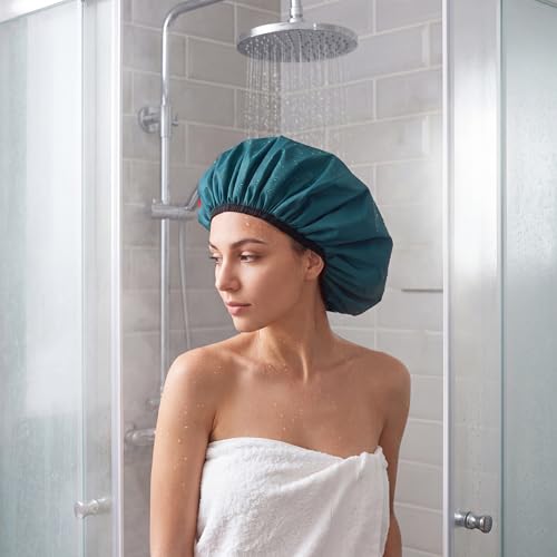 Extra Large Shower Cap for Women, Reusable Waterproof Shower Bonnet with Satin Lining, Double Layer Washable Bath Hair Cap for Braids, Locs, Long Thick Curly Hair, Natural Hair(Big Blue Zircon) - color: Blue Zircon