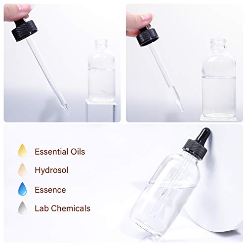 12 Pack 4oz Clear Glass Bottles with Glass Eye Droppers for Essential Oils, Perfumes & Lab Chemicals (1 Brush, 2 Funnels, 2 Extra Droppers, 24 Pieces Labels & 30ml Measuring Cup Included) - color: Clear