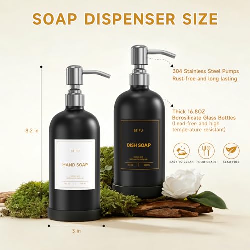 Kitchen Soap Dispenser Set – 16.8oz/500ml Glass Hand and Dish Soap Dispenser with Stainless Steel Pumps & Non-Slip Silicone Base, Luxury Countertop Decor for Home, Airbnb, Restaurant (Black & Silver) - color: Black & Silver