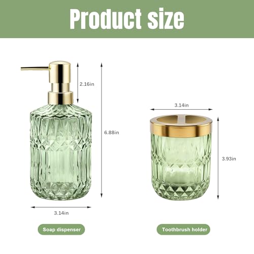 2Pcs Green Bathroom Accessories Set, Glass Bathroom Accessories, Vintage Bathroom Countertop Decoration Includes Soap Dispenser, Toothbrush Holder - color: Green, size: 2 Pcs