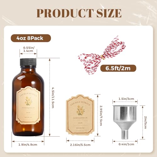 Jarsoph 4oz 8 PCS Amber Brown Glass Bottles for Vanilla Extract | Brown Boston Round Glass Bottles, Essential Oils, Herbal Medicine, DIY Crafting - UV Protective Bottles for Syrup, Sauce