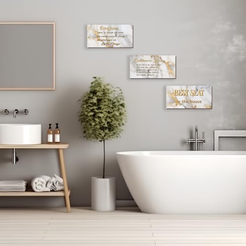 DONFENTHY 3 Pieces White Gold Bathroom Decor Bathroom Rules Wall Art Best Seat in The House Rustic Farmhouse Wooden Sign for Toilet (White Gold 10x5 Inches) - color: White Gold