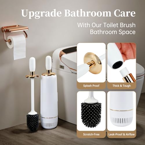 Toilet Brush and Holder Set, Luxury Toilet Brush & Sleek Stand, High-End Modern Silicone Toilet Brush Set, Non-Scratch Hygienic, Odor-Free Design - Easy to Clean (Matte Grey + Gold, B) Father's Day - color: Matte Grey + Gold
