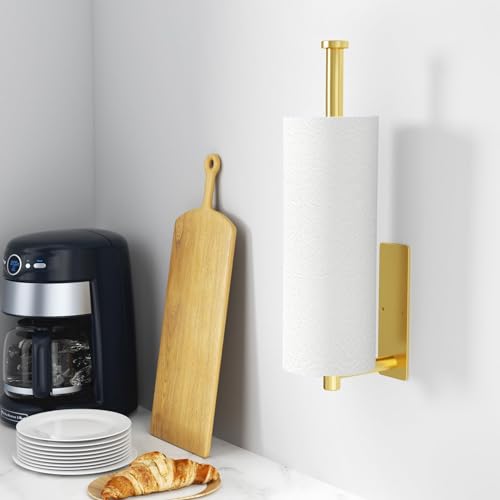 Paper Towel Holder - Self-Adhesive or Drilling, Gold, Wall Mounted, SUS304 Stainless Steel Kitchen Roll Dispenser Under Cabinet - color: Gold