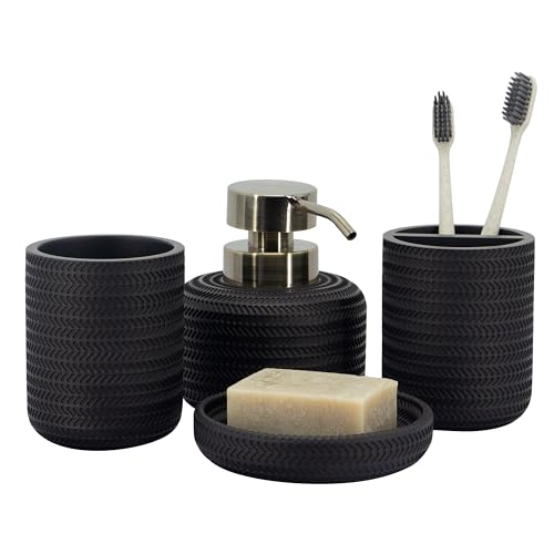 ZCCZ Black Bathroom Accessories Set 4 Pcs - Toothbrush Holder, Soap Dispenser, Vanity Tray, Tumbler - Countertop Organizer for Bathroom - Modern Accessory Set for Home Decor and Storage - color: Black 4pcs
