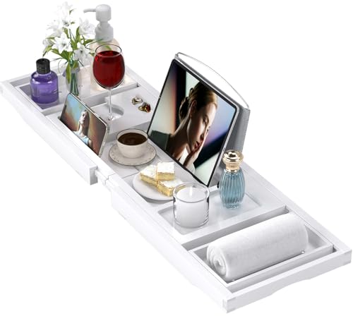 Bathtub Tray Caddy, Expandable Bath Trays for Tub, Bamboo Shelf & Table with Wine Glass Holder,Bathroom Accessories for New Home & Mothers Day & Birthday Gifts for Mom,White - color: White