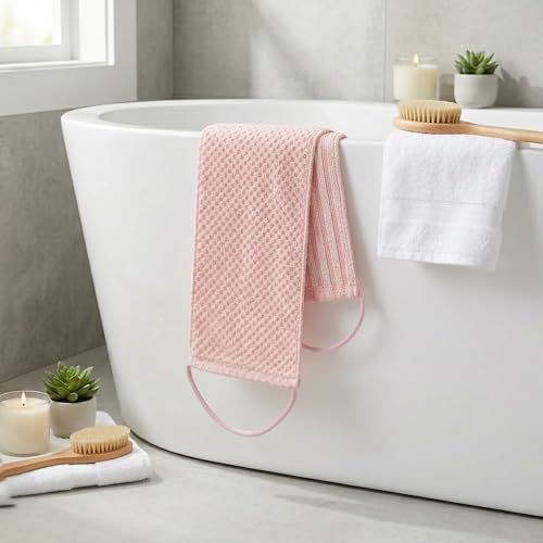 Yiclick Dual-Textured Exfoliating Washcloth Towel - Back Scrubber for Use in Shower Bath, Exfoliating Body Scrubber Exfoliator, Japanese Exfoliate Loofah Lufa Sponge Wash Cloth for Women Men - color: Pink