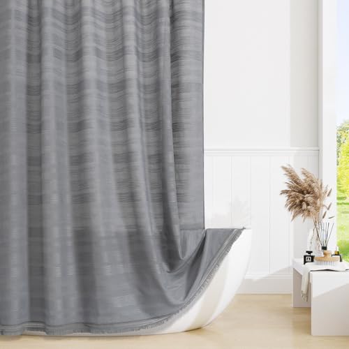Extra Long Boho Farmhouse Shower Curtain with Tassel, Linen Bohemian French Country Chic Bathroom Shower Curtain Set, Modern Striped Textured Shower Curtain 72x84 - Light Grey - color: Lightgrey, size: 72"W x 84"L (Pack of 1)