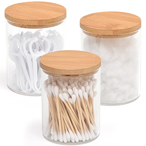 BKYFPQ 3 Pack Glass Qtip Holder Dispenser Set - Apothecary Jars with Lids for Vanity Makeup Organizer - Bathroom Canister Storage Organizer for Cotton Ball,Swab,Round Pads,Floss