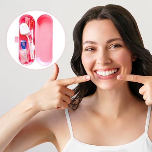 7-in-1 Travel Oral Care Kit with Case – Toothbrush, Tongue Scraper, Wisdom Toothbrush, Dental Floss, Floss Threaders, Interdental Brush, Dental Wax, Portable Hygiene Set for Daily Use Travel (Pink) - color: Pink