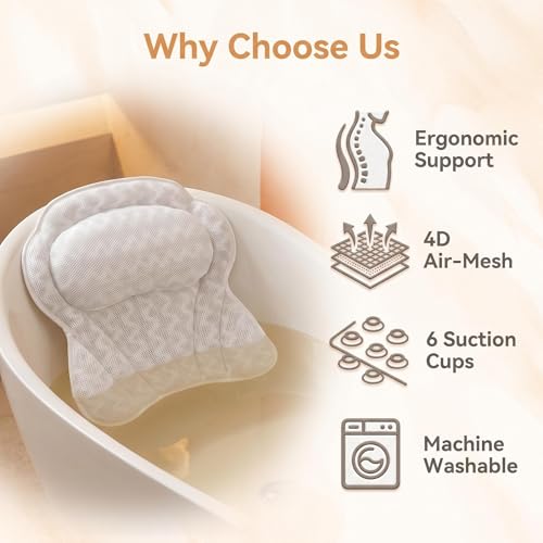 Bath Pillows,Bathtub Pillows for Head and Neck Back Support,Bath Pillows for Tub with Soft 4D Breathable Mesh Fabric and Nonslip Suction Cups,Relaxing Bath Accessories Spa Gifts .(Wave White)
