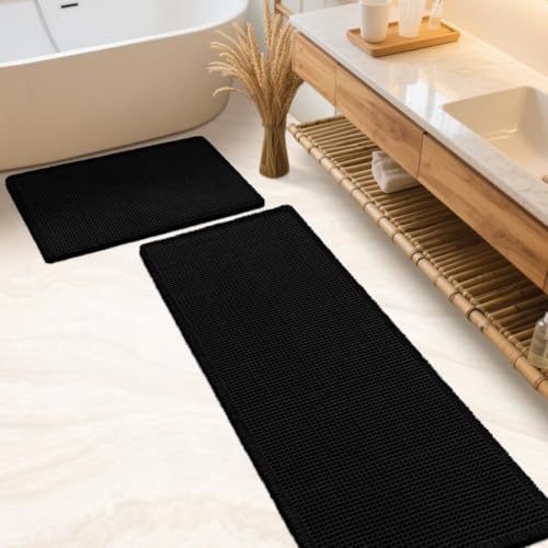 IM HOME Waffle Bath Mat Set 2 Piece Black,Woven Modern Bath Rug Mats, Absorbent Non Slip Bath Floor Mat, Soft Washable Boho Bath Rugs with Tassels for Bathroom, Bedroom, Kitchen,Tub - color: Black, size: 24′′×17′′ + 60′′×24′′