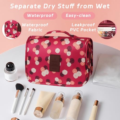 Toiletry Bag Travel Bag with Hanging Hook, Waterproof Capacity Hanging Multifunctional Makeup Bag for Toiletries, Portable Cosmetic Bag Travel Organizer for Women and Men(Wine Red FLower) - color: C2-Wine Red Flower