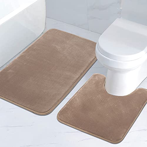 H.VERSAILTEX Bath Mat Memory Foam Set Bathroom Rug Set Flannel Velvety Bath Mat Luxury Extra Soft and Absorbent Non Slip Rugs for Bathroom/Bedroom Washable(Curved Set 24"x 36" Plus 20"x 24"U, Taupe) - color: Taupe, size: 24" x 36" Plus 20" x 24" U