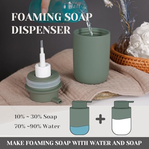 INGOFIN Ceramic Foaming Soap Dispenser Set, 2 Pack (12 oz) Bathroom Foam Hand Soap Dispenser with Pump, Hand and Dish Dispenser Set with 8 Pcs Clear Stickers,for Kitchen- Matte Green - color: Matte Green-foam