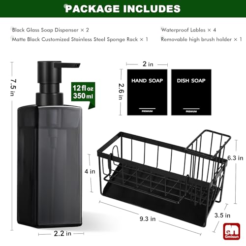 GMISUN Dish Soap Dispenser for Kitchen, 12 fl oz / 350 ml Dual Kitchen Soap Dispensers with Sponge Holder, Transparent Black Glass Kitchen Soap Dispenser Set, Modern Hand and Dish Soap Bottle Set - color: Clear Black Bottle + Black Rack