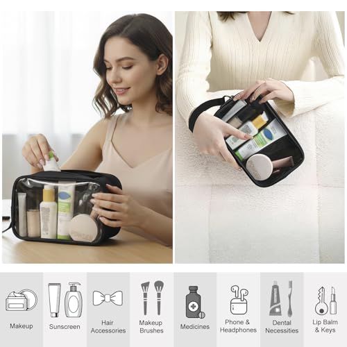 Clear Makeup Bag for Women, Double Zipper Travel Toiletry Cosmetic Bags, Portable Make up Bag Organizer Case Travel Essentials, Black - color: Black 166