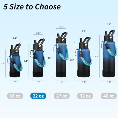 BJPKPK Insulated Water Bottle with Straw Lid, 22oz Thermal Flasks Water Bottles with 3 Lids, Paracord Handle & Non-slip Boot, BPA Free Leak Proof Stainless Steel Tumblers,Blue Black - color: Blue/Black, size: 22 Ounces