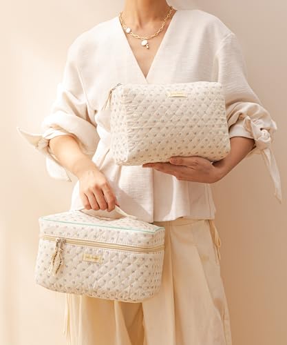 HBselect Quilted Makeup Bag, 3PCS Cotton Large Travel Makeup Bag, Cute Floral Coquette Make up Bag Cosmetic Bag Toiletry Bag for Women Girls - color: A-3PCS-Flower