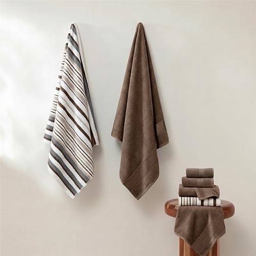 Modern Threads Pax 6-Piece Reversible Yarn Dyed Jacquard Towel Set - Bath Towels, Hand Towels, & Washcloths - Super Absorbent & Quick Dry - 100% Combed Cotton, Khaki - color: Brown, style: Wide Stripe