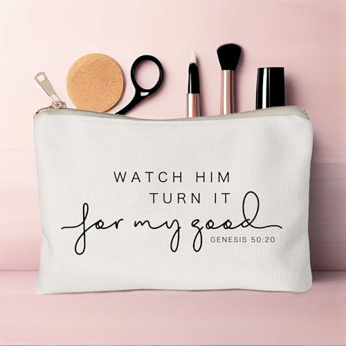 Watch Him Turn It For My Good Makeup Bag Christian Quote Faith Bible Scripture Sayings Makeup Case Linen Cotton Travel Bag Makeup Pouch Sister Gift - color: Watch Him