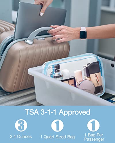 BAGSMART Clear Toiletry Bag, 3 Pack TSA Approved Travel Toiletry bag Carry on Travel Accessories Bag Airport Airline Quart Size Bags Water Repellent Makeup Cosmetic Bag for Women (Blue-3pcs) - color: Cerulean Blue, size: 3 Pack, Medium