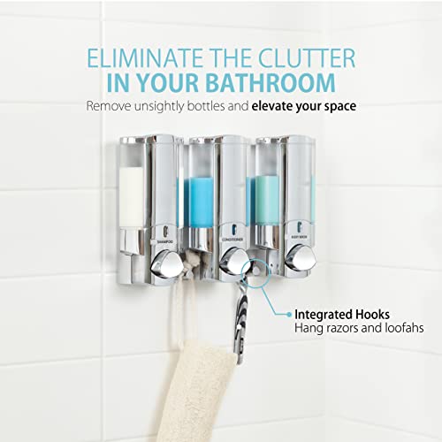 Better Living Products 76345 AVIVA Three Chamber Dispenser, Chrome | 3 Chamber, Shower Dispenser for Bathroom, Built-in Hooks, No Drill, Waterproof Shampoo Soap Dispenser Pump - color: Chrome, size: 3-Chamber