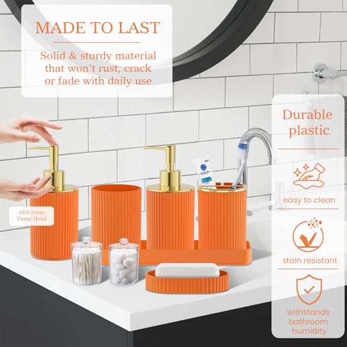 Orange Bathroom Accessories Set - Bathroom Sets, 25PC Bath Accessory Set, Bathroom Sets with Push Top Trash Can, Shower Curtain and Rugs, Toilet Brush, Trash Can & Soap Dispenser - color: Orange & Gold, size: 25-Piece Set (Accessories + Shower Curtain + R