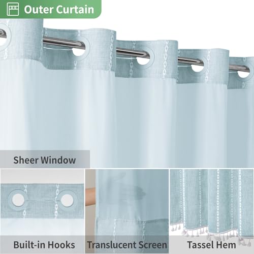 eachope Boho Farmhouse No Hook Shower Curtain Set with Snap-in Fabric Liner,Heavy-Duty Linen Textured Rustic Striped Design,Water-Repellent with Tassels and Sheer Window,Fog Blue,71x74 - color: Fog Blue, size: 71"W x 74"L (Pack of 1)