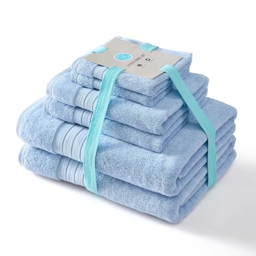 Martha Stewart - Bath Towels, Soft & Absorbent 100% Cotton Towels, Plush 700 GSM, 6-Piece Bathroom Towel Set with Textured Dobby Weave (Skyland Manor Blue) - color: Skyland Manor Blue