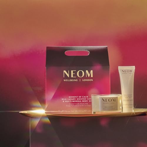 NEOM Moment of Calm Gift Set I Contains Real Luxury Travel Candle 75g Real Luxury Multi-Mineral Body Milk 30ml I 100% Natural scents I Lavender, Jasmine and Sandalwood