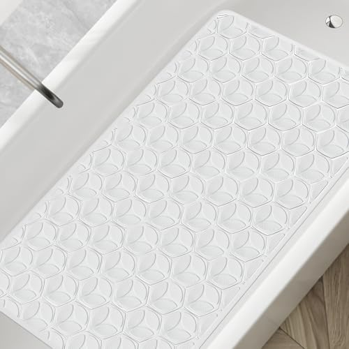 Bathtub Mat Non Slip with Suction Cups - 100% Rubber Bathroom Mat Textured for Bath Tub Shower Safety - Soft on Touch - BPA/PVC Free - Pet Dog Bath Mat - Machine Washable - 16 × 28 Inch（White） - color: White (Opaque), size: 28" x 16" (Rectangular)