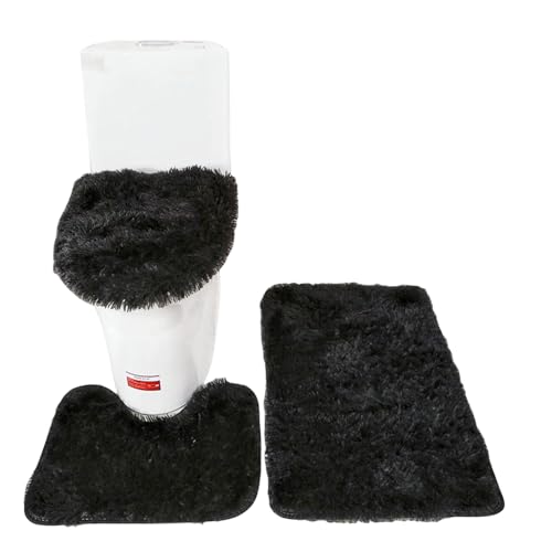 Soft Bathroom Carpet 3 Piece Bathroom Rugs and Mats Set Bath Mats Set with U-Shaped Toilet Floor Mat Rugs andToilet Lid Cover Mat (Black) - color: Black