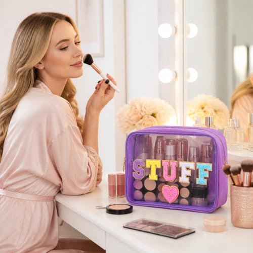 Clear Waterproof Stuff Makeup Bag, Large Capacity Travel Cosmetic Pouch | Transparent PVC Nylon Bag with Chenille Letters for Girls, Women, Beach & Travel - style: Large Size Stuff