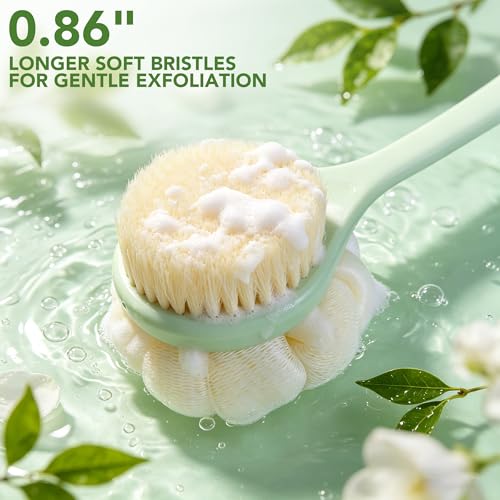 Back Scrubber for Shower, 15.7" Loofah with Handle, Back Shower Brush with Bristles and Loofah, Dry Brushing Body Brush for Cleanse Back and Hard to Reach Areas with Curved Long Handle - color: Light Green
