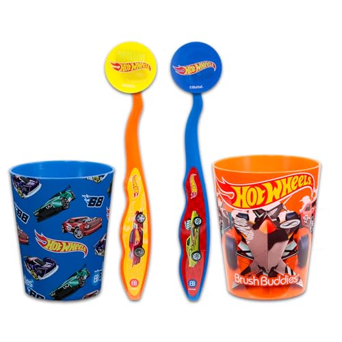 Hot Wheels Toothbrush and Cup Set for Kids - Bundle with 2 Toothbrushes, 2 Cups, 2 Caps, Stickers, and More | Hot Wheels Dental Care for Boys, Girls