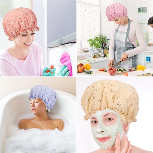4 Pcs Shower Caps Hat for Women and Girl, Reusable Waterproof Bath Cap Double Waterproof Layers Bird and Heart Pattern - color: 4 Pack - Bird & Heart