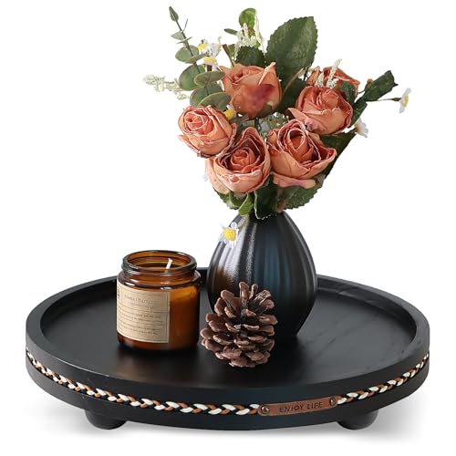 Farmhouse Decorative Round Tray, 11.81 Inch, Versatile Centerpiece Tray for Coffee Table Kitchen Living Room Bathroom, Home Decor Accent Black with Stripes - color: Black With Stripes