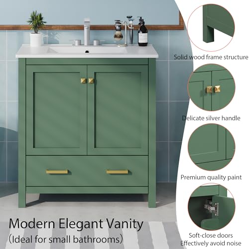 Linique 30" Modern Bathroom Vanity with Sink Combo Set, Solid Wood Frame Bathroom Storage Cabinet with 2 Soft Closing Doors and a Drawer, Multifunctional Storage, Green - color: Green