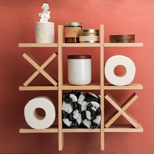 Weysat Tic Tac Toe Toilet Paper Holder Stand Bathroom Wall Decor Rustic Wooden Hanging Storage Freestanding Wall Mounted Shelves Decor for Toilet Tissue Farmhouse - color: Wood Color