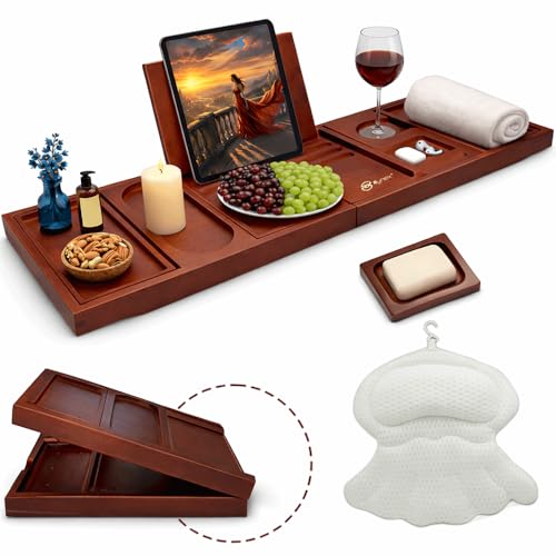 Bathtub Tray and Bath Pillows for Tub – Expandable Bamboo Bathtub Caddy with Phone & Wine Holder, Soft Bath Pillows for Tub & Head/Neck Support