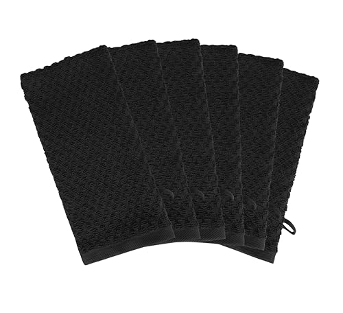COTTON CRAFT Bath Mitt - 6 Pack Euro Spa Waffle 100% Cotton Towel Mitts | Large 5.5x10 inches Black Exfoliating Gloves - Sensitive Skin Friendly - Body Bath Shower Glove Washcloth with Hanging Loop - color: Black - Bath Mitt
