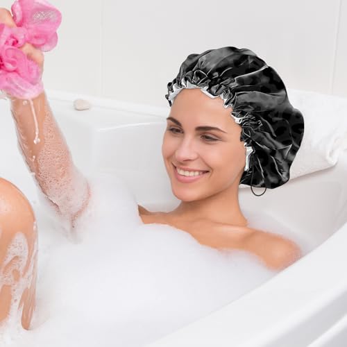 2 PCS Shower Cap Waterproof Double Layer Elastic Adjustable Reusable Hair Bath Caps for Girls Women Cute Aesthetic-Black - color: G8-Black