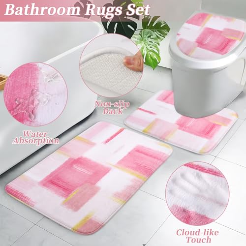 XLHOMO Bathroom Accessories Set - 26PCS Pink Bathroom Set, Bathroom Accessory Set with Shower Curtain and Rugs and Bathtub Mats for Home - color: Plaid Pink & Gold, size: Complete Set+Bath Rugs+Bathtub Mat